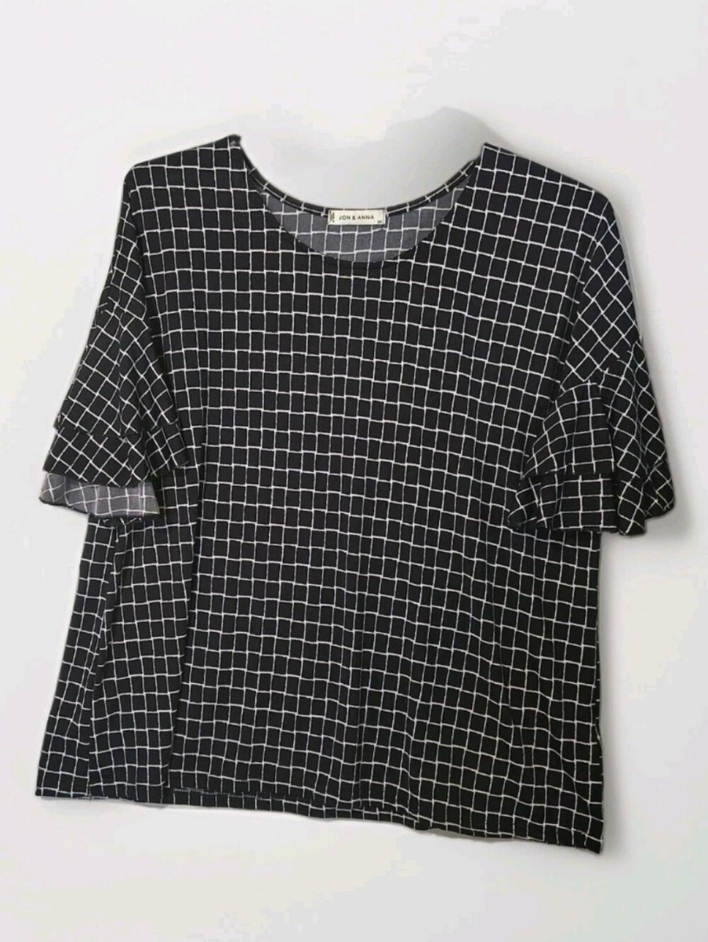 Black Grid Print Short Sleeve Top